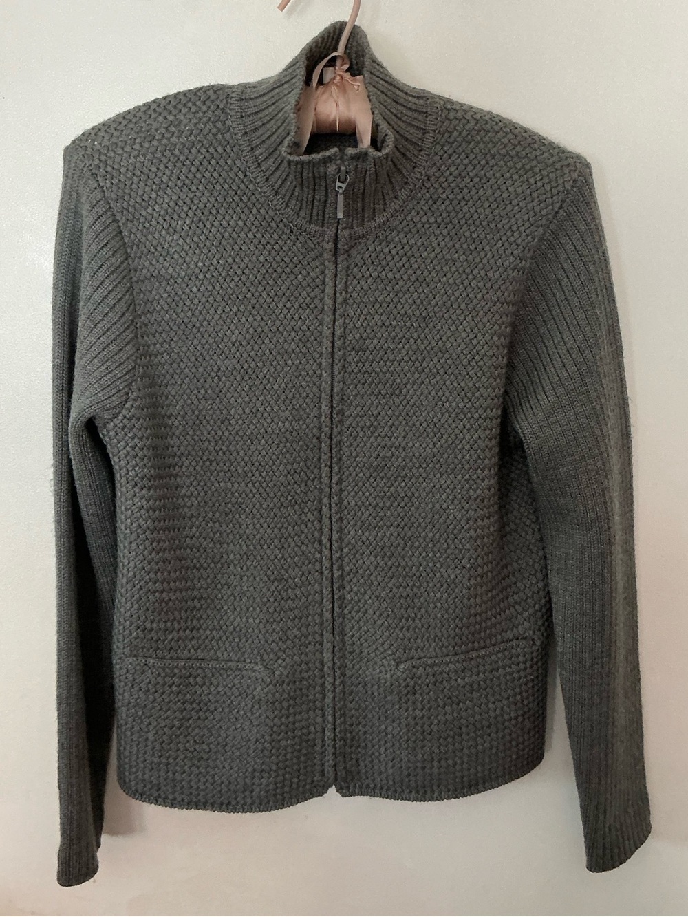 Vintage EILEEN FISHER 100% Merino Wool Knit Zip Up Cardigan Sweater PS Gray